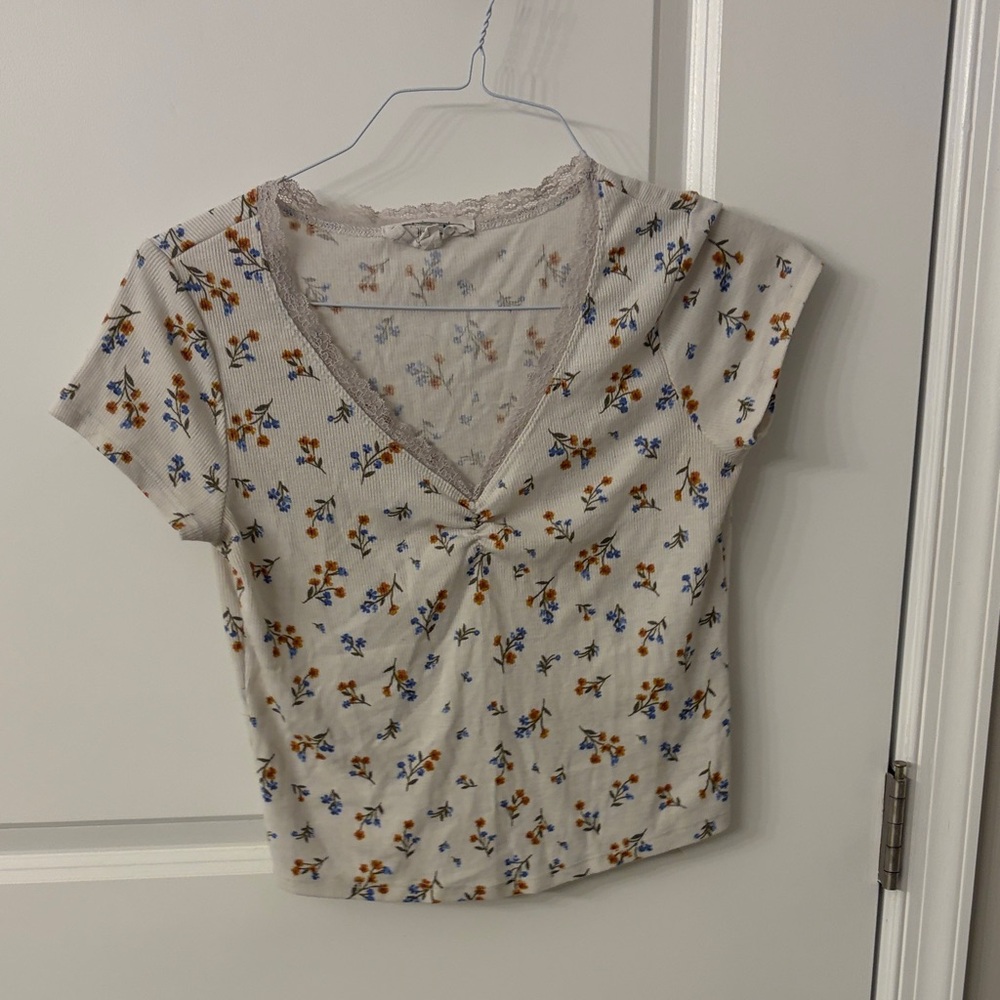 Hippie Rose White V-Neck Short Sleeve Top with Blue & Mustard Floral